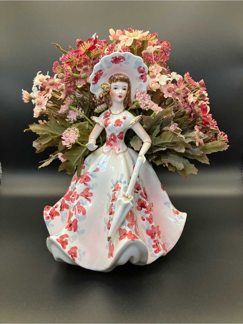 Lefton Southern Belle Lady Figurine in White with Pink Floral Dress Planter